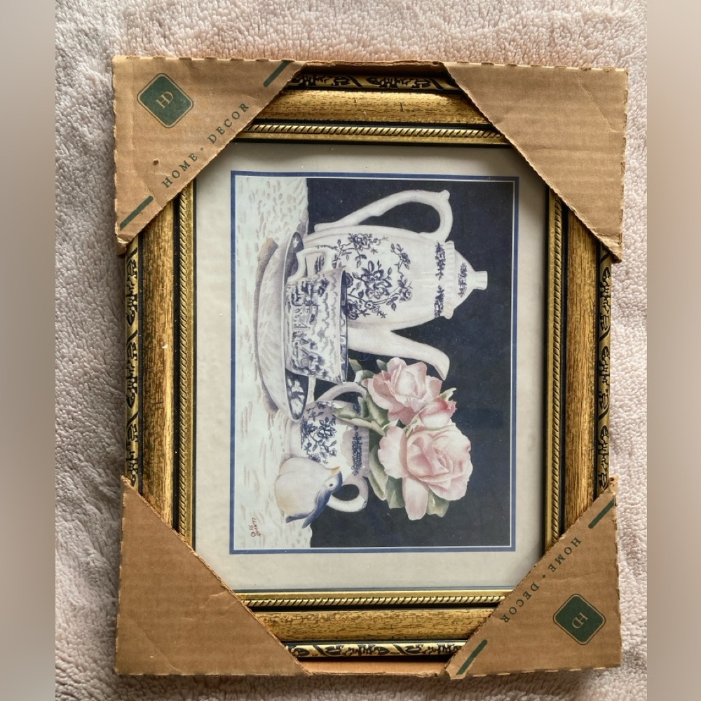 Home Decor Gold-Framed Floral Teapot Print by